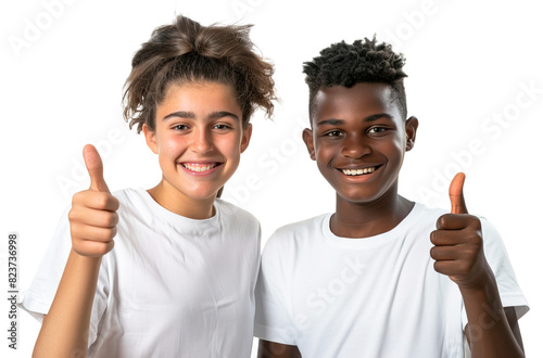 Portrait of Caucasian girl and African boy doing thumbs up at camera and wearing white t-shirt over isolated transparent background