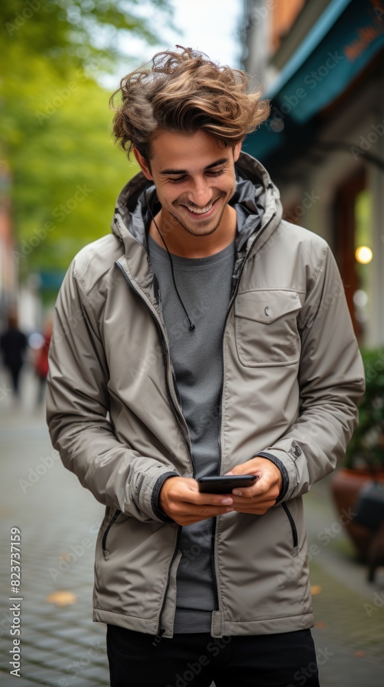 A young and stylish man smiles as he uses his smartphone while walking on a vibrant city street A young and stylish man smiles as he uses his smartphone while walking on a vibrant city street