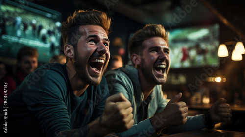 Two excited young men with beards cheer enthusiastically while watching a sports event in a vibrant bar setting