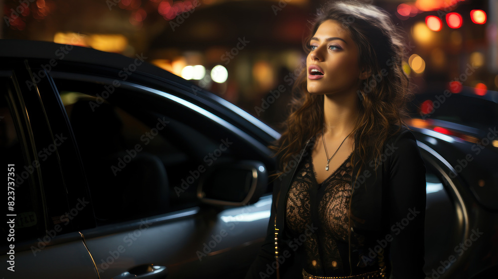 An adult woman dressed in a black outfit stands next to a luxury car in a nighttime urban setting with blurred background lights An adult woman dressed in a black outfit stands next to a luxury car in a nighttime urban setting with blurred background lights