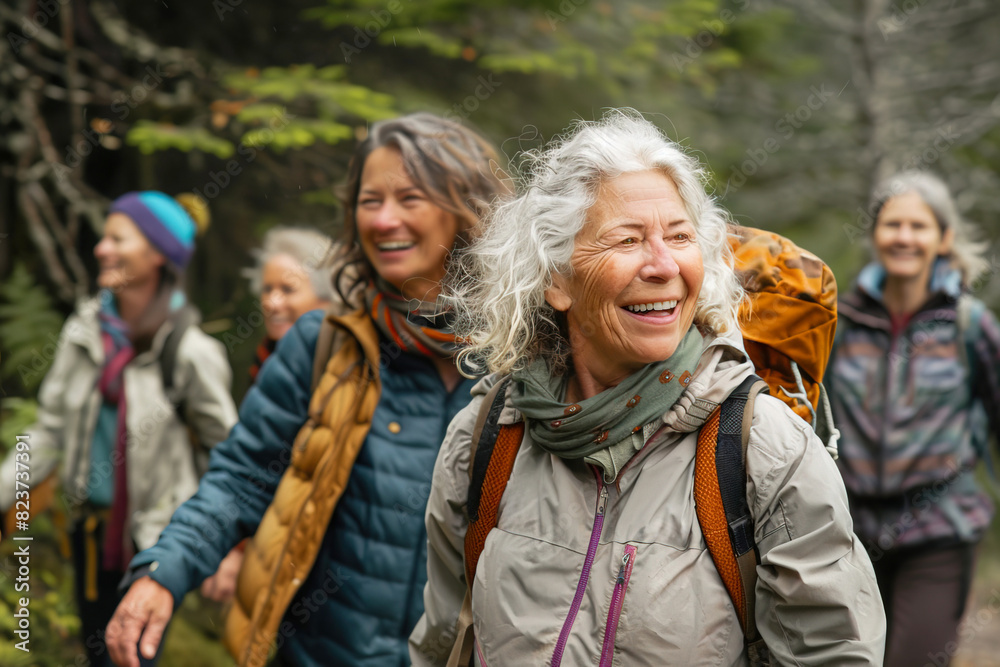 Joyful group of mature retired women enjoying hiking day in the mountains