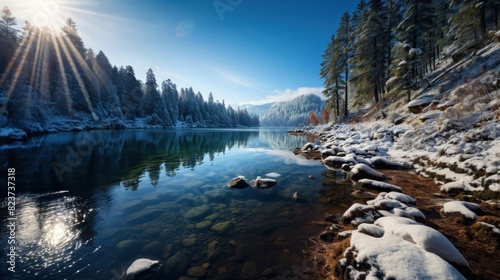A serene winter scene by a forested lake with snow-covered rocks and trees  under a sunlit sky with lens flare