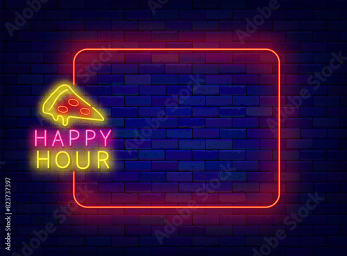 Happy hour neon banner. Empty red frame and pizza slice sign. Street food, special offer in cafe, shop. Italian national eating. Shiny flyer. Copy space. Editable stroke. Vector stock illustration