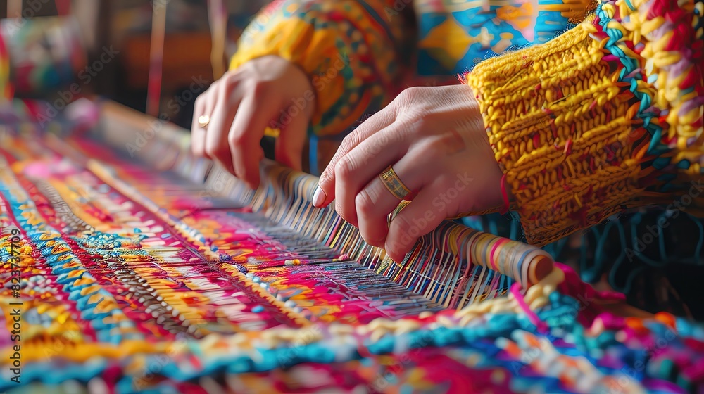 A skilled artisan weaving a colorful tapestry on a traditional loom A skilled artisan weaving a colorful tapestry on a traditional loom
