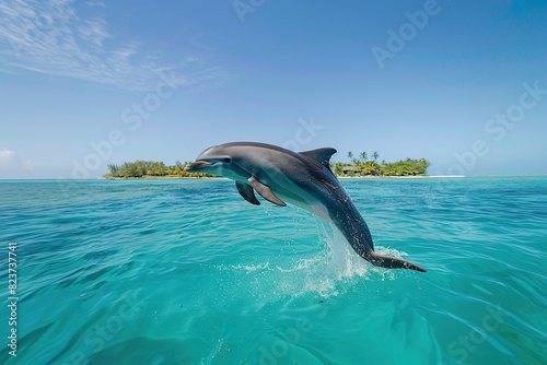 dolphin jumping in the turquoise ocean with a wonderful sunlight