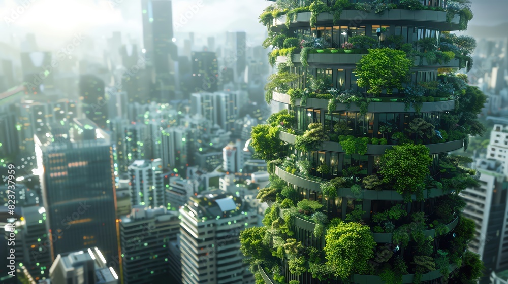 Obraz premium Innovative vertical farming towers amidst a busy city