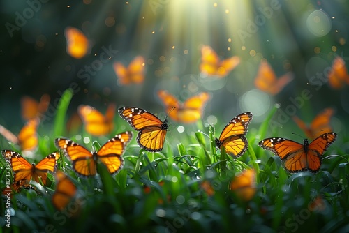 Bright background of a green grass with some butterflies, bright rays of sunshine © Huyen