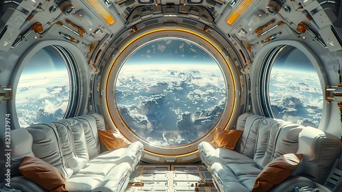 Luxurious spacecraft interior with panoramic windows and zero-gravity seating, focus on, surreal, ethereal, Composite, outer space view photo