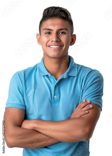 18 year old Latin American boy posing with arms crossed and smiling while wearing job uniform for delivery service. Isolated over transparent background