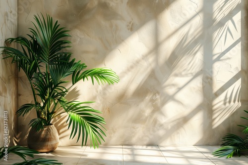 A large plant is sitting in a vase on a table in front of a wall. The plant is green and has long leaves. The room is empty and has a lot of natural light coming in from the window © Aaron Weiss