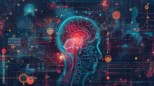 Futuristic digital illustration of human brain with neural networks and artificial intelligence elements. Modern technology and innovation concept.