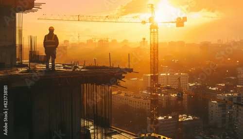 Construction worker standing on a building under construction at sunset