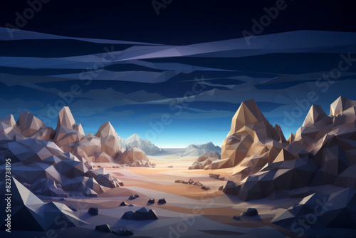 Low poly artwork of a vast desert landscape featuring rugged mountains and a dramatic sky, creating a serene and expansive scene. photo
