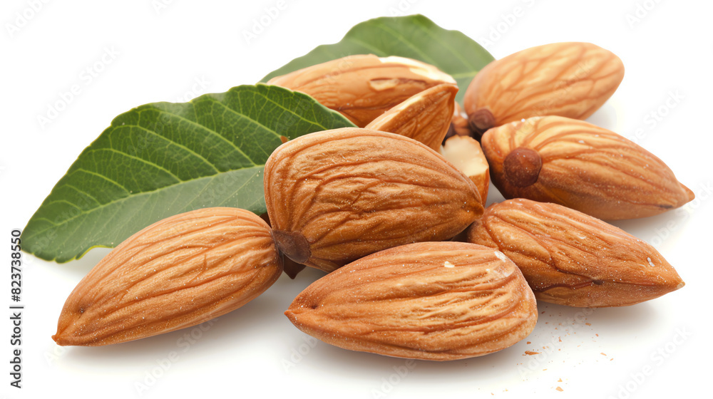 Close-Up of Whole Almonds with Green Leaves on White Background