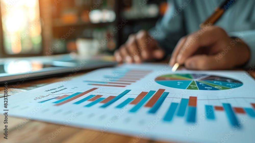 Fototapeta premium Graph with infographic design, icons, and explanatory text, business progress, stock photo, ample copy space