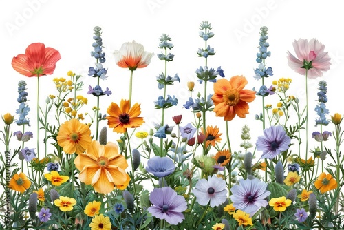 A colorful field of flowers with a white background. The flowers are of various colors and sizes, creating a vibrant and lively scene. Concept of joy and happiness