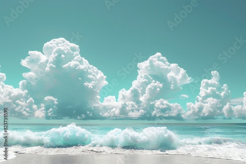 Illustration of white sandy beach with white clouds in summer time
