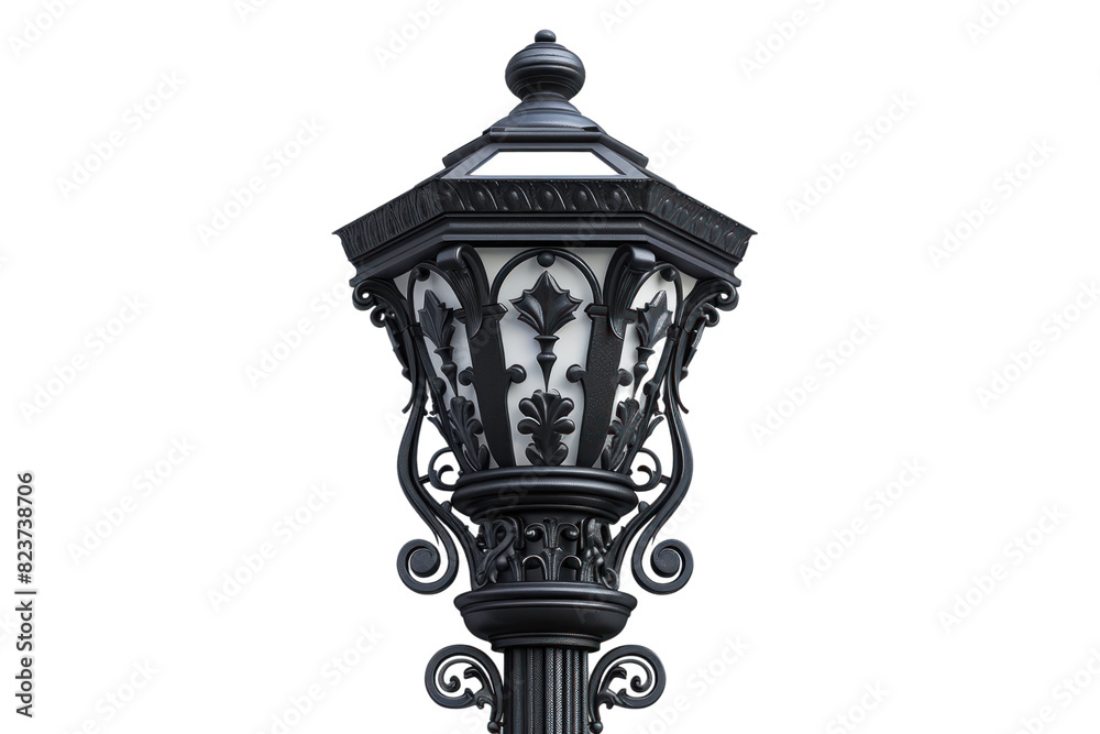 Ornate black lamppost against a white wall. The lamppost features intricate scrollwork and a decorative finial. Ornate black lamppost against a white wall. The lamppost features intricate scrollwork and a decorative finial.