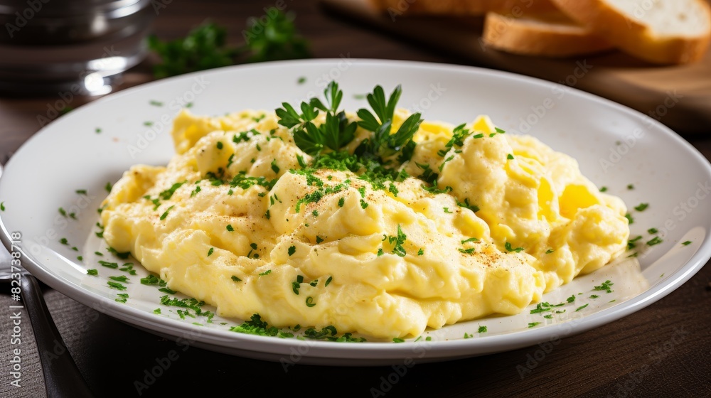 A white plate holds a delicious serving of scramble A white plate holds a delicious serving of scramble