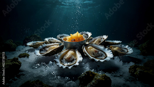 Oysters and Mollusks/ Nature’s Culinary Gems/ Dive into the underwater world where fresh shell raw mollusks and sea oysters are sourced photo