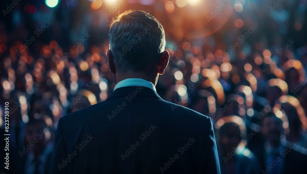 Authoritative businessman addressing a crowd, captivating them with his commanding presence Authoritative businessman addressing a crowd, captivating them with his commanding presence