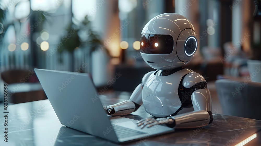 A robot working on a laptop, Futuristic assistant, Future technologies idea