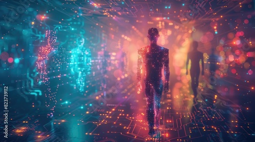 An abstract composition showing multiple human figures connected by link digital threads, Digital connections forming a human silhouette