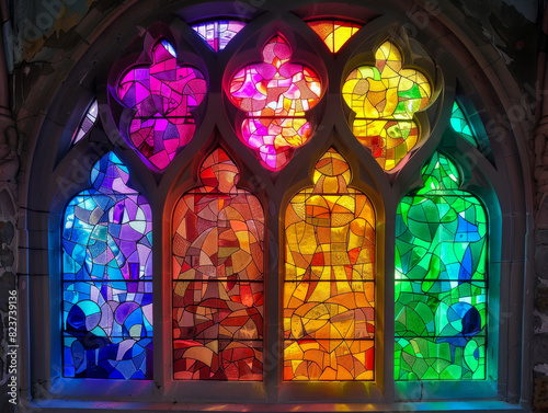 A stained glass window with a rainbow of colors. LBGTQ people pride symbol