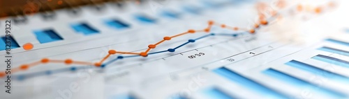 Graph with upward line and numerical financial data, isolated on white background, economic growth, stock photo, professional design