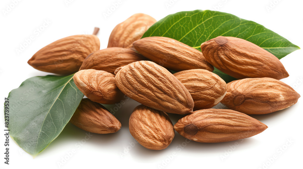 Close-Up of Whole Almonds with Green Leaves on White Background Close-Up of Whole Almonds with Green Leaves on White Background
