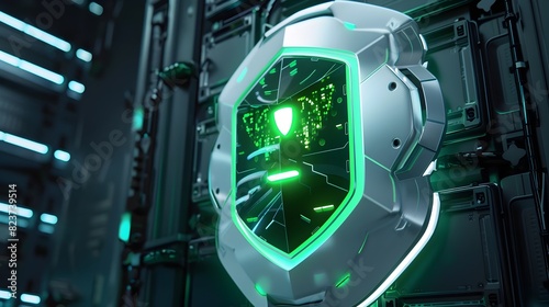 Futuristic Cybersecurity Shield Emblem Glowing with Holographic Energy photo