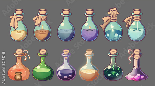 Illustration of a collection of magical potion bottles with different contents and sealed tops
