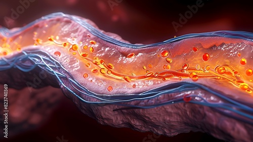 Cardiology illustration of atherosclerosis coronary arteries showing plaque buildup and narrowing of arteries photo