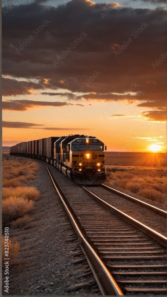A freight train passing through barren plains with a beautiful sunset in the background. A freight train passing through barren plains with a beautiful sunset in the background.