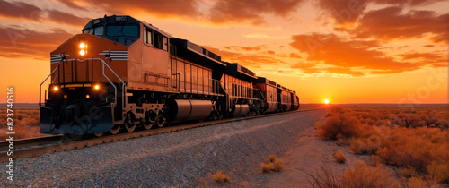 A freight train passing through barren plains with a beautiful sunset in the background.