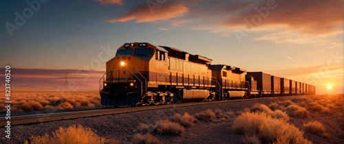 A freight train passing through barren plains with a beautiful sunset in the background.