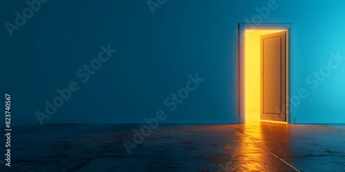 Opportunity symbolized by yellow light through open door on blue background. Concept Opportunity, Yellow Light, Open Door, Blue Background