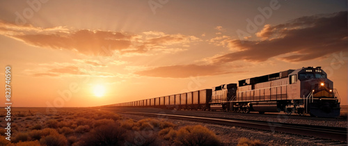 A freight train passing through barren plains with a beautiful sunset in the background.