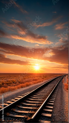 The railway track goes into the desert against the backdrop of sunset.