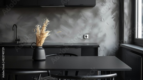 Minimal background image of elegant black table with two chairs on modern kitchen. generative ai