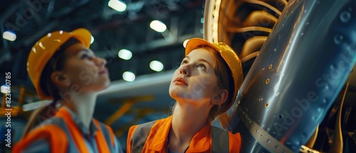 Two female engineers in hard hats looking up at an aircraft engine. photo