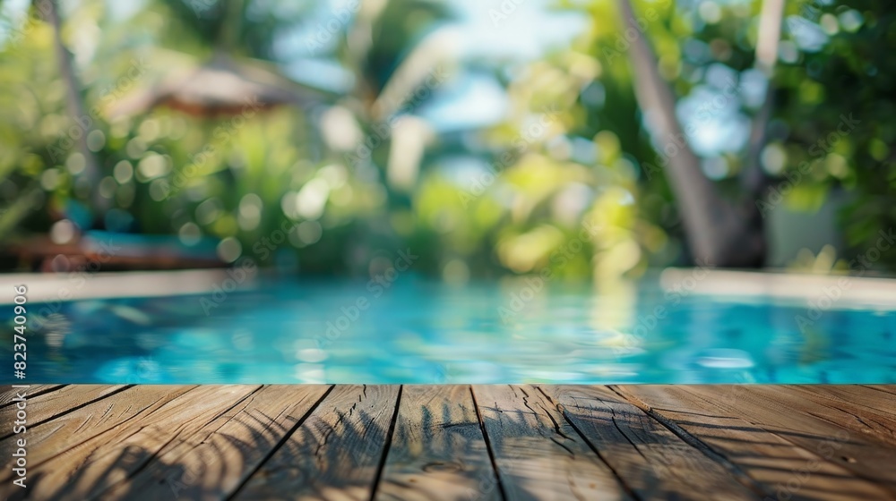 Blurred photo of swimming pool with wooden floor and green palm trees in the background.