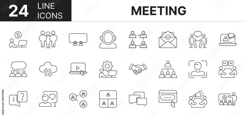 Collection of 24 Meeting line icons featuring editable strokes. These outline icons depict various modes of Meeting, leadership, contact, study, leader, workplace, Collection of 24 Meeting line icons featuring editable strokes. These outline icons depict various modes of Meeting, leadership, contact, study, leader, workplace,
