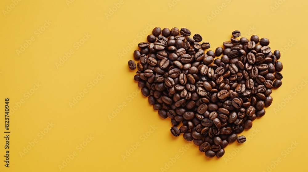 Coffee beans in the shape of a heart on a yellow background. Coffee beans in the shape of a heart on a yellow background.