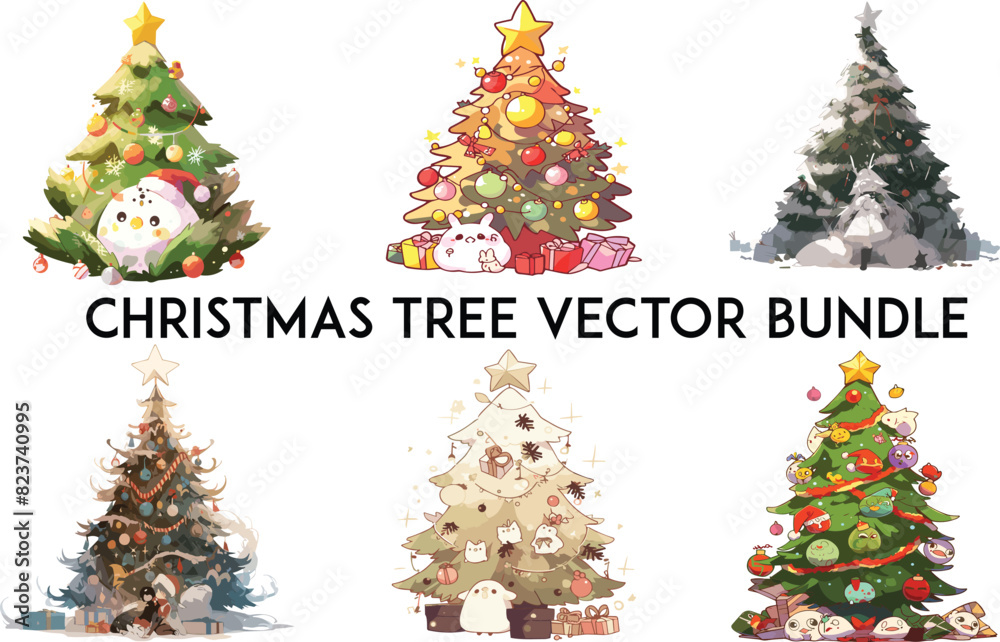 Christmas tree vector bundle, Cartoon Christmas trees on white isolated background , Noel Christmas fairy tail set. Nutcracker, Christmas tree baubles, decorations,