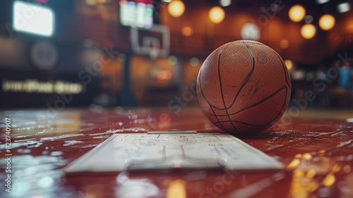 Basketball on the floor of a basketball court with a blurred background of a basketball arena. photo