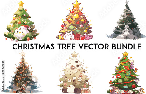 Obraz na płótnie Christmas tree vector bundle, Cartoon Christmas trees on white isolated background , Noel Christmas fairy tail set. Nutcracker, Christmas tree baubles, decorations, w salonie