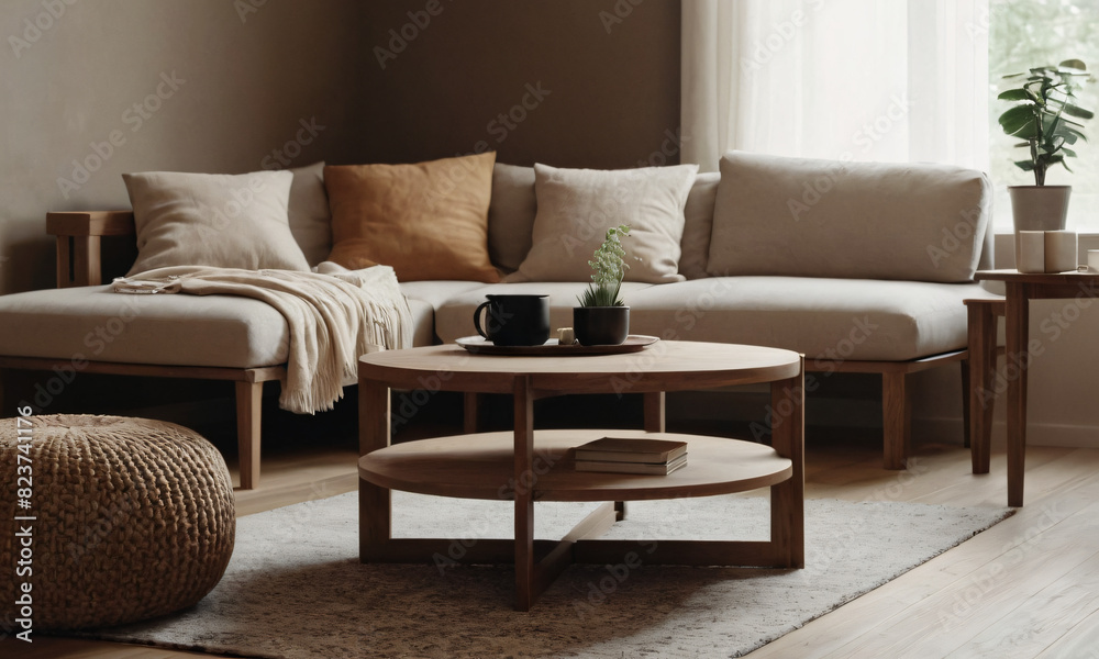 Round wooden coffee table near wooden sofa with beige pillows. Scandinavian home interior design of modern living room. Round wooden coffee table near wooden sofa with beige pillows. Scandinavian home interior design of modern living room.