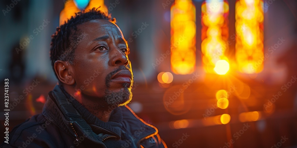 Black man reflecting on loneliness in the sunshine in church, believing in God. Black man reflecting on loneliness in the sunshine in church, believing in God.