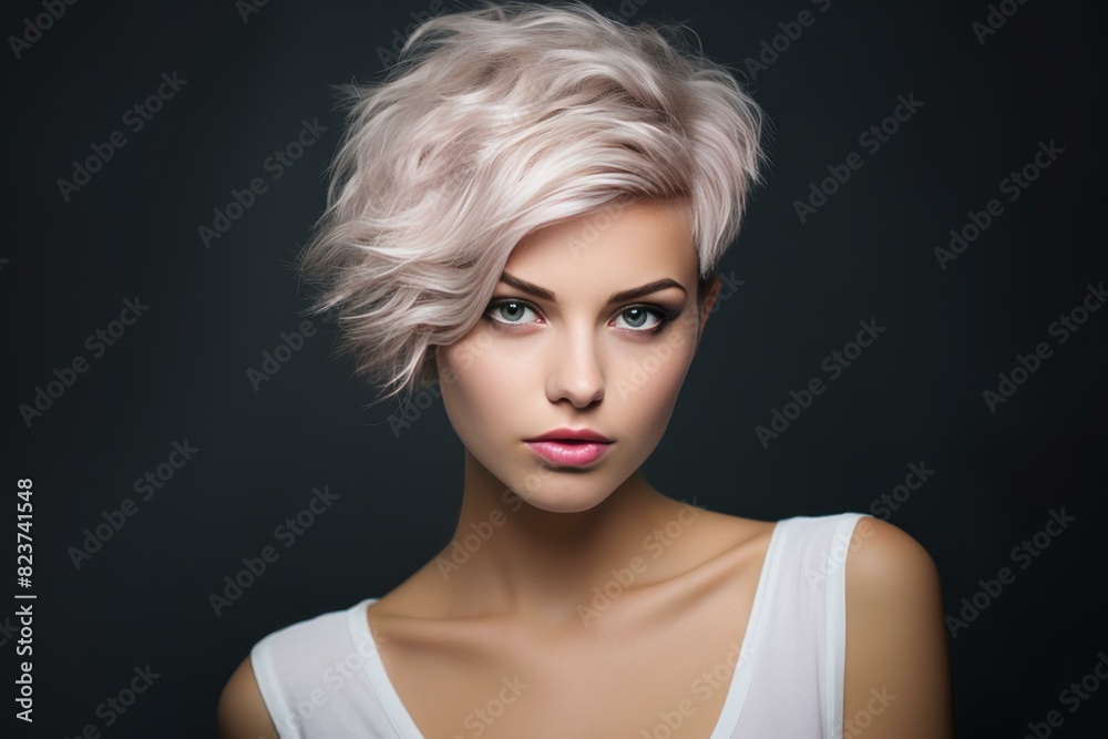 Portrait of a fashionable female with a chic short hairstyle and elegant makeup on a dark background